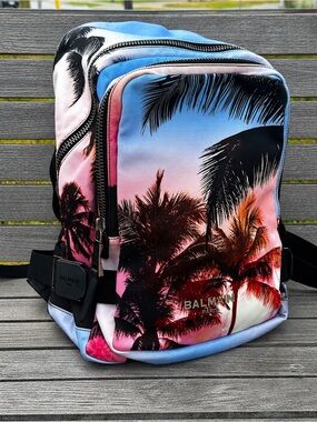 Balmain Men's Backpack in Pink Blue Sunset Palm Print (super rare bag)
